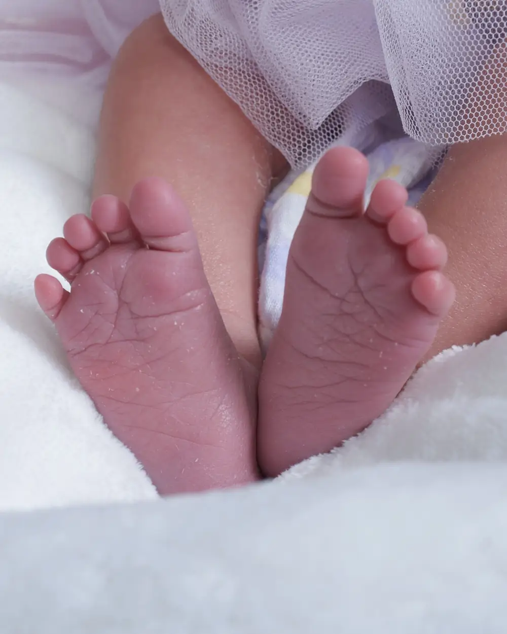 Los pies de una recién nacida sobre una manta blanca